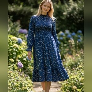 Floral Blue Long Sleeve Midi Maxi Dress